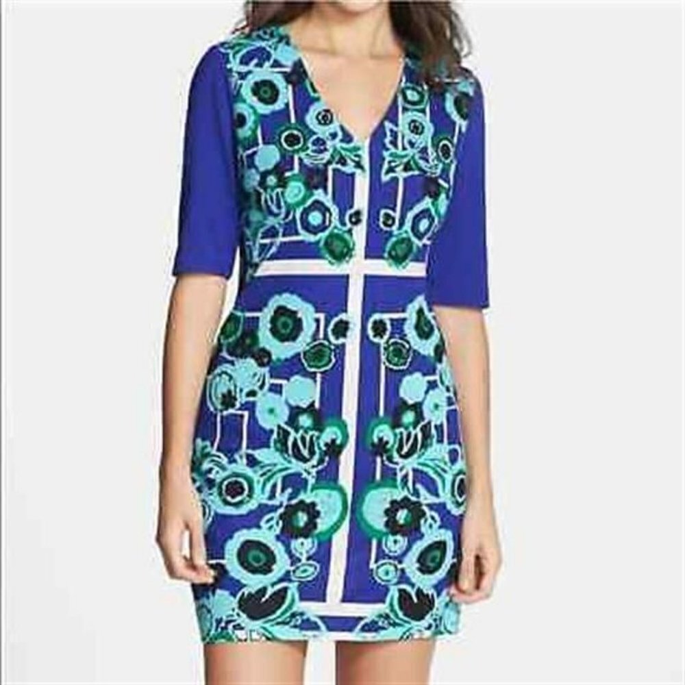 Plenty by Tracy‎ Reese Juana Blue & Green Floral Half Sleeve Shift Dress Size 14